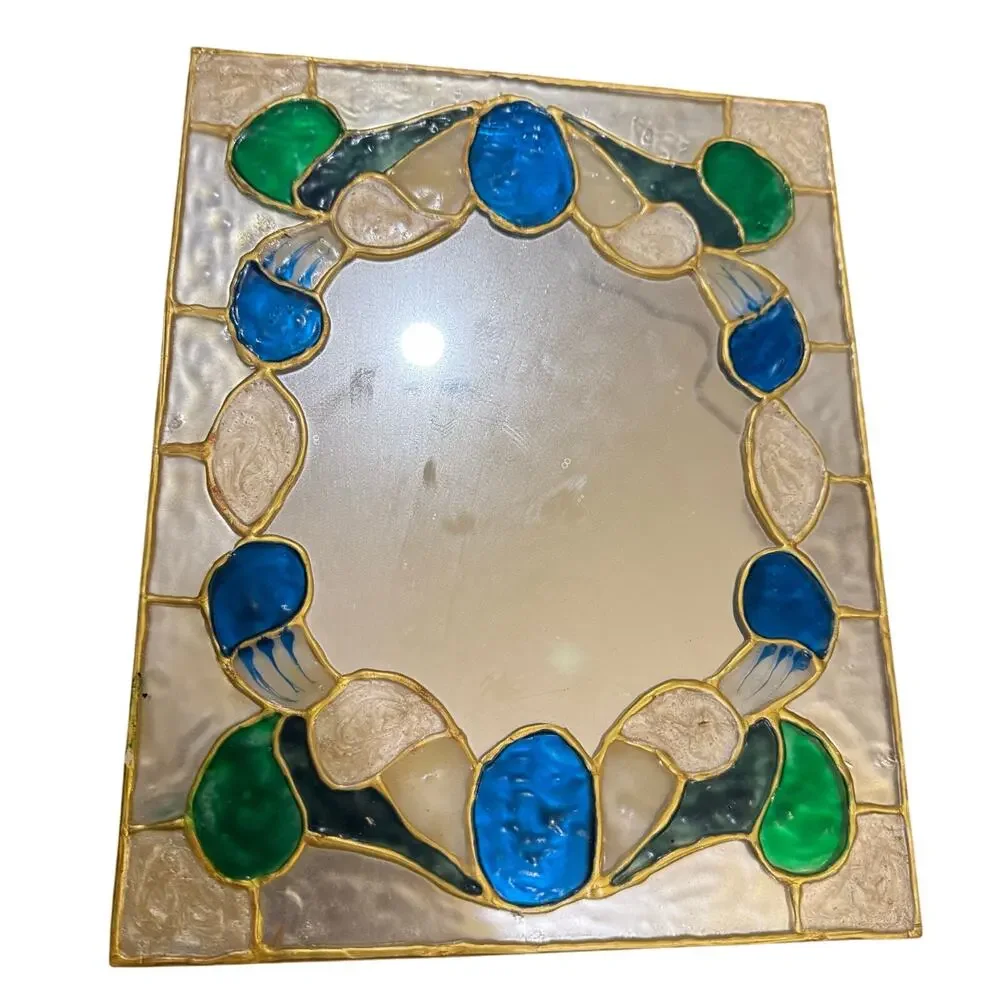 Vintage Painted Stained Glass Look Mirror 8x10 Unframed Blue Green Gold - READ
